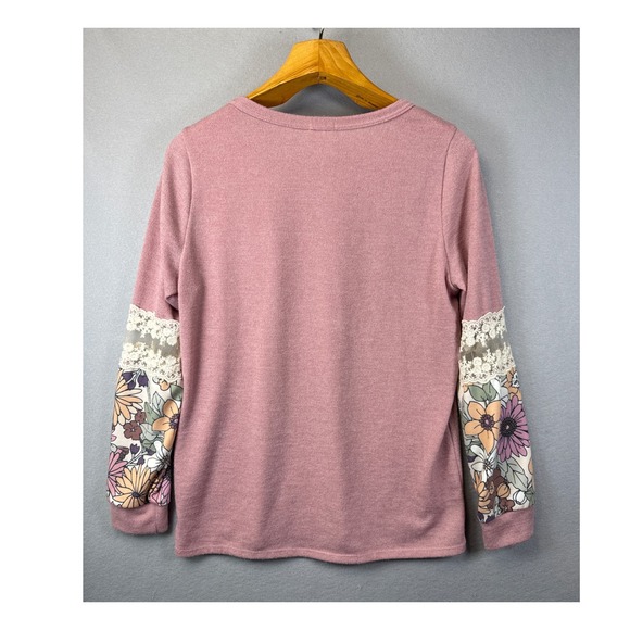 BiBi Top Floral Sleeve Lace Cuff Long Sleeve Blouse Casual Pullover Womens L EUC - Picture 8 of 9